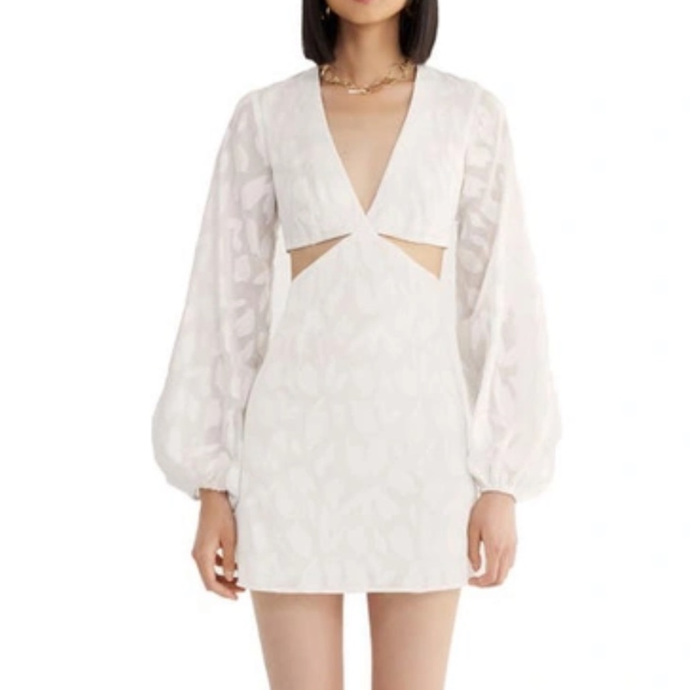 Rumer‎ White Giselle Semi Sheer Cotton Jacquard Cut Out V-Neck Mini Dress NWT L